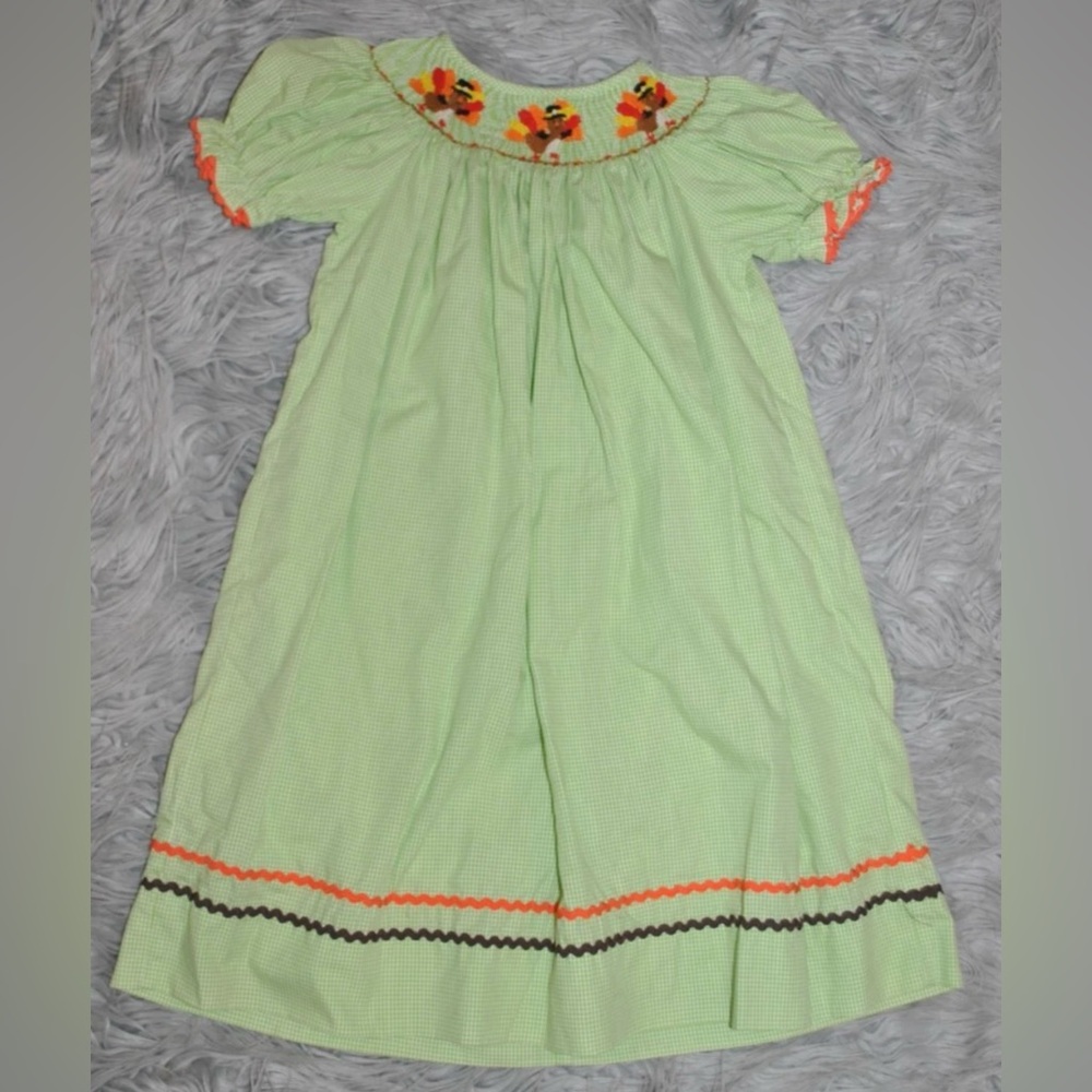 CANDYLAND Turkey Thanksgiving Smocked Gingham Dress size 5 Girls